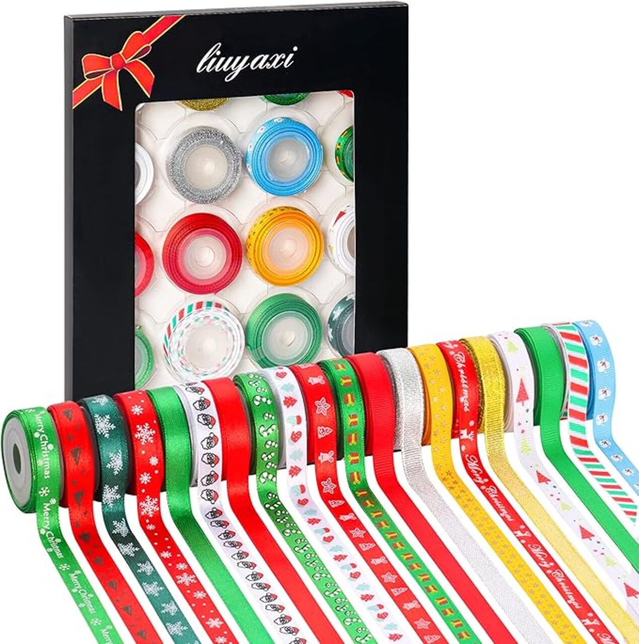 3/8 Inch Wide Printed Grosgrain Ribbon Metallic Glitter Holiday Festival Christmas Satin Ribbons for Gift Wrapping Crafts Xmas Decorations